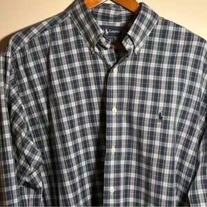 Polo Ralph Lauren Yarmouth Fit Blue Green Plaid L/S Button Up Shirt 16 1/2”